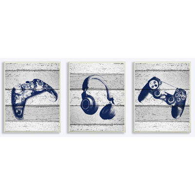 Video Gamer Trio Controllers Headset Blue Graphics on Planks 3pc Wall Plaque Art Set by Daphne Polselli