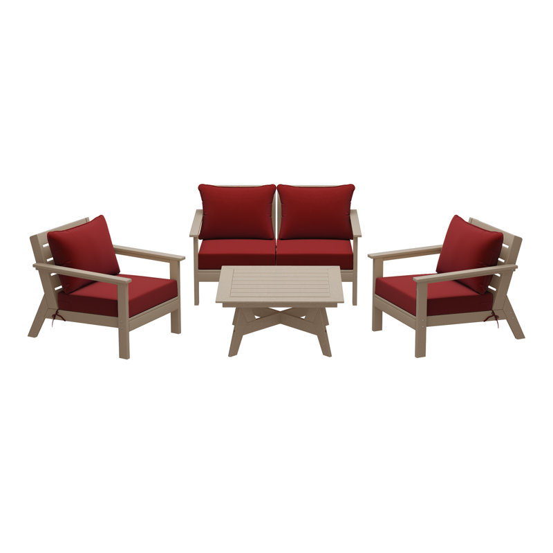 Ensemble de conversation à assise profonde 5 pièces, Noyer, Rouge