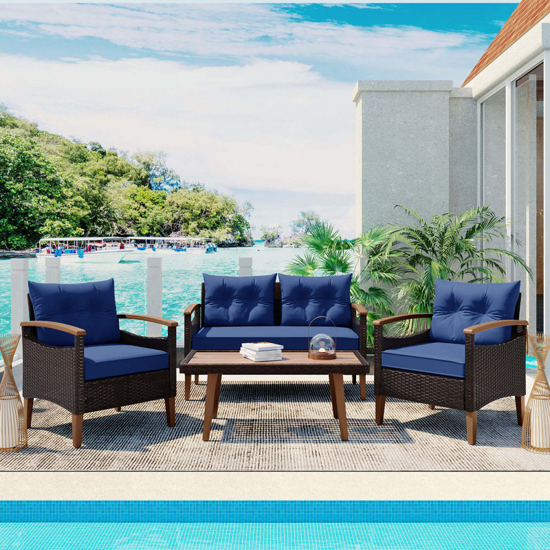 4-Piece Patio Seating Set With Wood Table, Blue