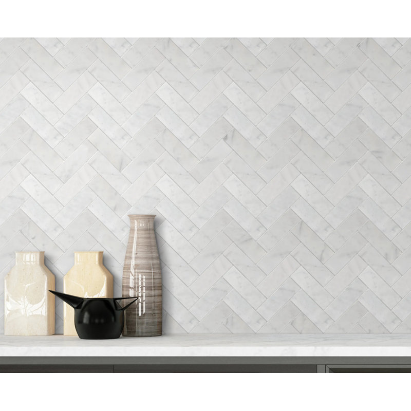 Carreau de mosaïque de plancher en marbre poli 8 po x 11 po Calacatta Herringbone (0,61 pi2 / pièce)
