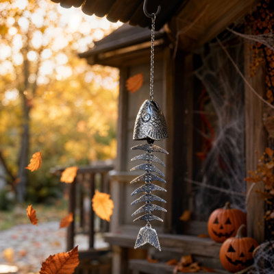 Halloween Decor 13.1 Inch Halloween Themed Metal Fish Skeleton Wind Chimes Wall Hanging Decor Pendants Creating Scary Vibes During Halloween Season With Its Eerie Devise
