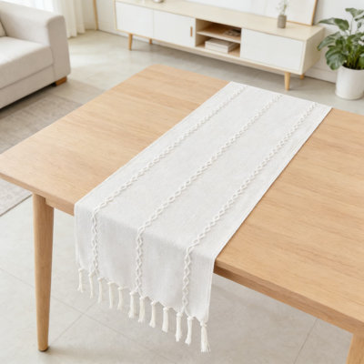 Farmhouse Table Runner With Handmade Tassels And Embroidery, Rustic Linen Table Decor For Dining Room, Dresser, And Party Decorations