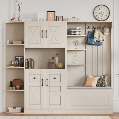 Multifunctional Left-Right Combination Hall Cabinet (Can Be Used Separately) With Storage And 4 Hooks, Storage Cabinet/ Hall Tree 2 In 1 For Living Room, Kitchen And Hallway,Antique Beige