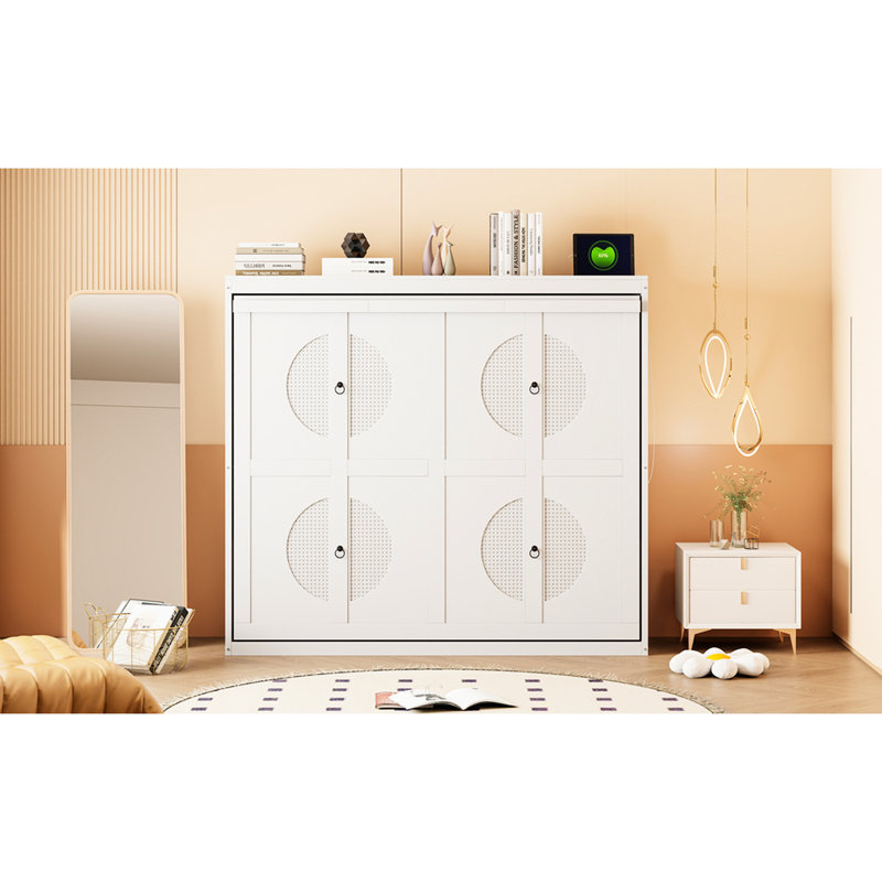 Lit escamotable double en blanc - peu encombrant, confortable avec support pour matelas pliable, lit pliant, lattes, Blanc