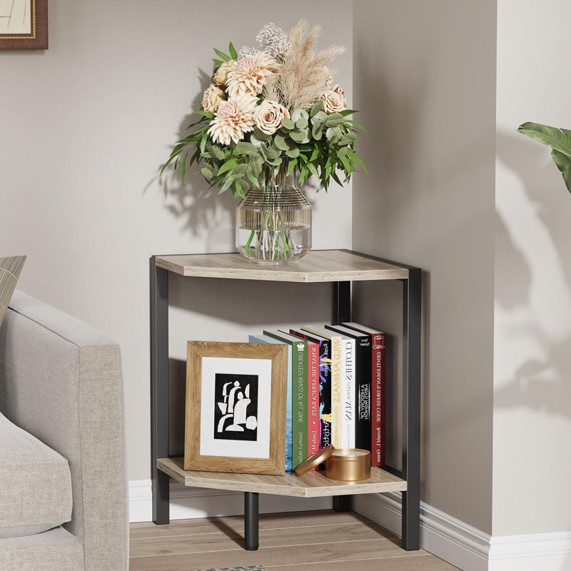 2-Tier Corner Shelf Stand, Industrial Corner Bookshelf With Metal Frame, Multipurpose Display Shelf And Countertop Organizer For Living Room, Kitchen, Bedroom And Office