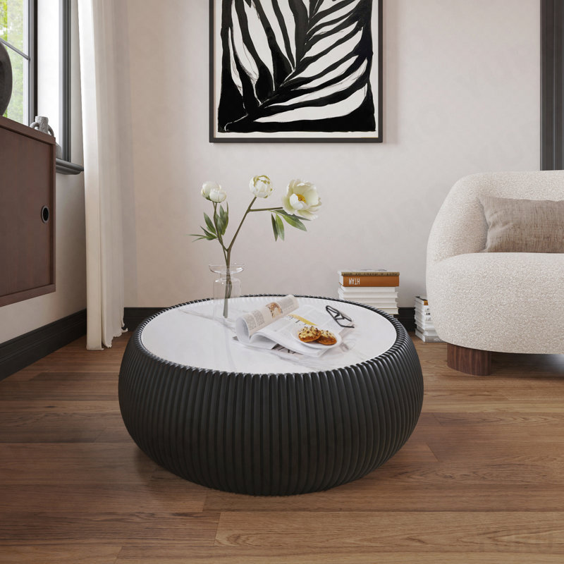 Table basse en forme de tambour - Plateau en pierre frittée claire, corps en cuir - Gris, Black