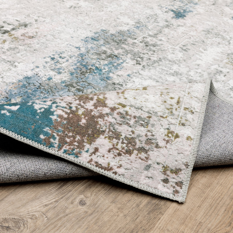 Tapis de couloir antidérapant à motif abstrait ivoire et bleu 2 pi x 8 pi