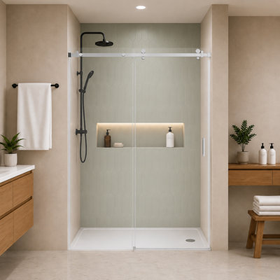46-48" W X 76" H Frameless Sliding Shower Door, Adjustable Single Bypass Glass Shower Door With 5/16" SGCC Tempered Glass, Reversible Installation, Chrome
