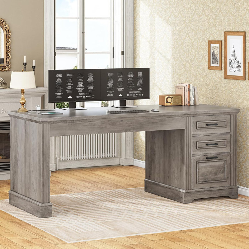 Computer Desk Executive Desk With 3 Drawers, Farmhouse 55" Office Desk With Storage Drawers With Power Outlet For Home Office
