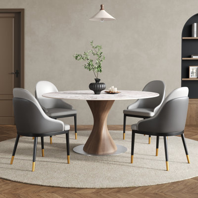 7-Piece Modern Round Conde For 6, Sintered Stone Tabletop Kitchen Conde With PU Upholstered Chairs