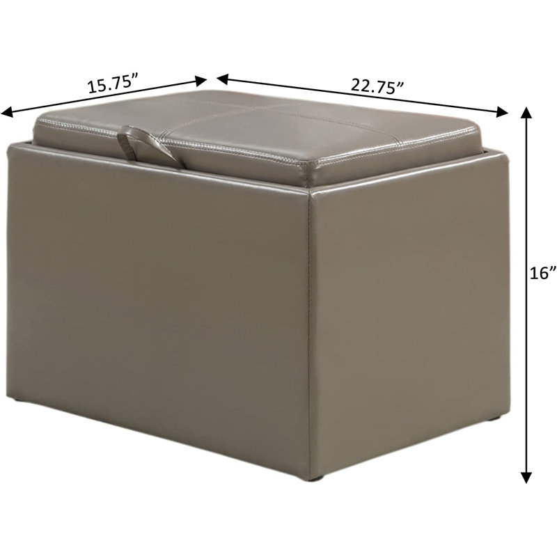 Saribel 22.75" Wide Faux Leather Rectangle Ottoman with Reversible Tray, Gray Faux Leather