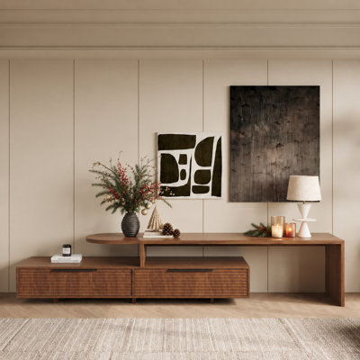 Meuble télé 96,5 "à 126" pour téléviseur de 85 po ou moins, meuble télé Mid-Century en noyer avec 2 tiroirs, meuble télé pour salon, chambre à coucher