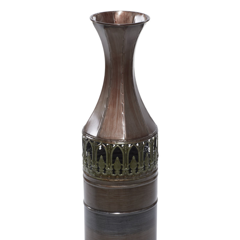 Grand vase décoratif en métal Solal Bronze avec motif antefix découpé au laser, 34 po, 31 po