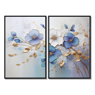 «Blue and Gold Exquisit Violets», impressions sur toile traditionnelles dorées