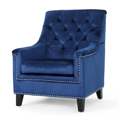  Velvet Tufted Club Chair, Upholstered Armchair with Nailhead Trim and Wood Legs for Living Room, Navy Blue