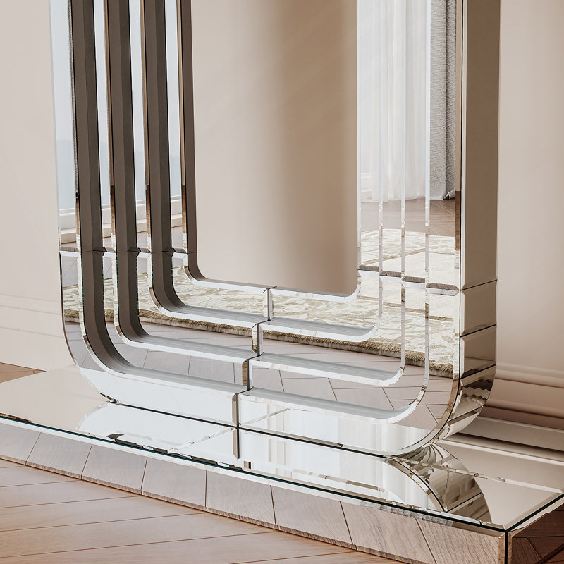 Elegant Mirrored Console Table With U-Base And Hand-Spliced Line Design For Modern Entryways And Living Spaces, 47 Inch