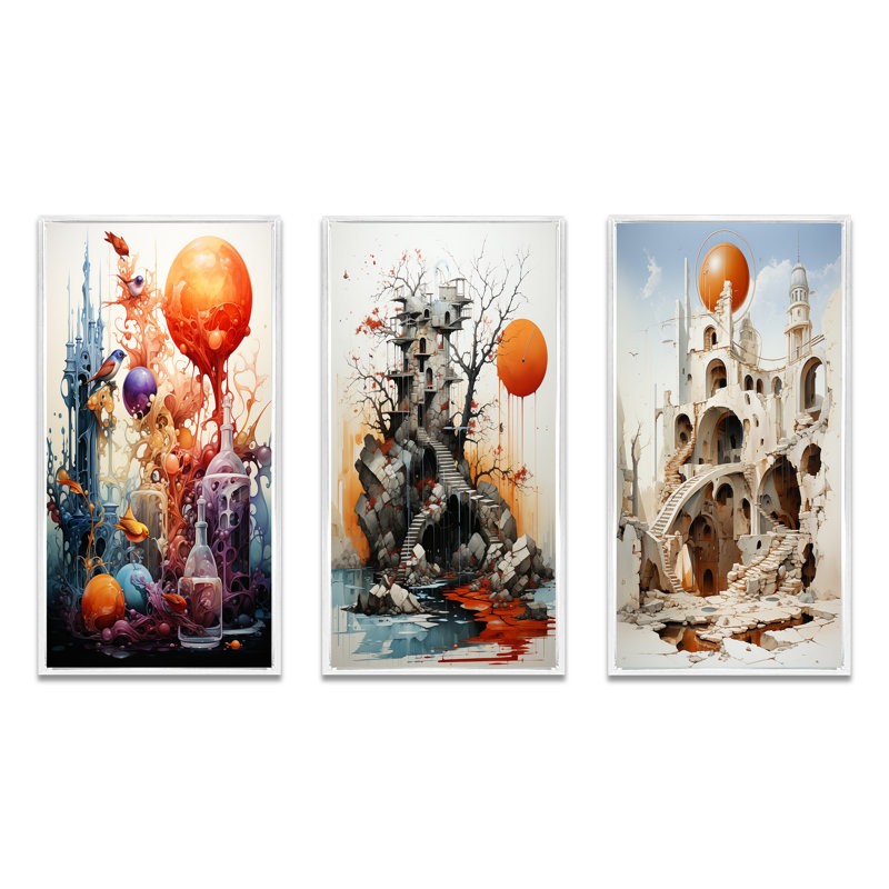"Surréalisme, réalité quotidienne" - 3 pièces sur toile, Cadre blanc, H 32 po x l 16 po