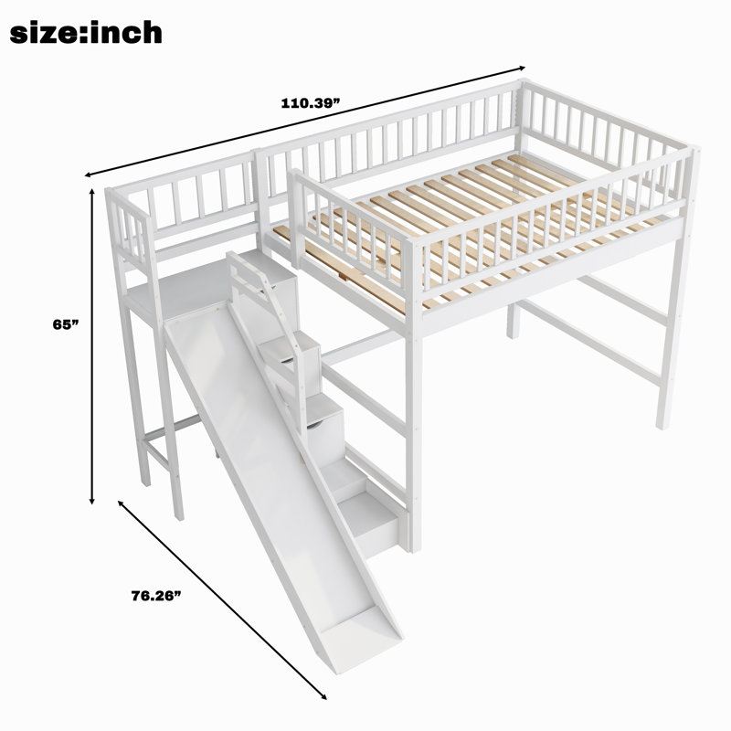 Lit mezzanine junior en bois massif avec marches de rangement, lit superposé moderne avec barrières de sécurité, Full, White