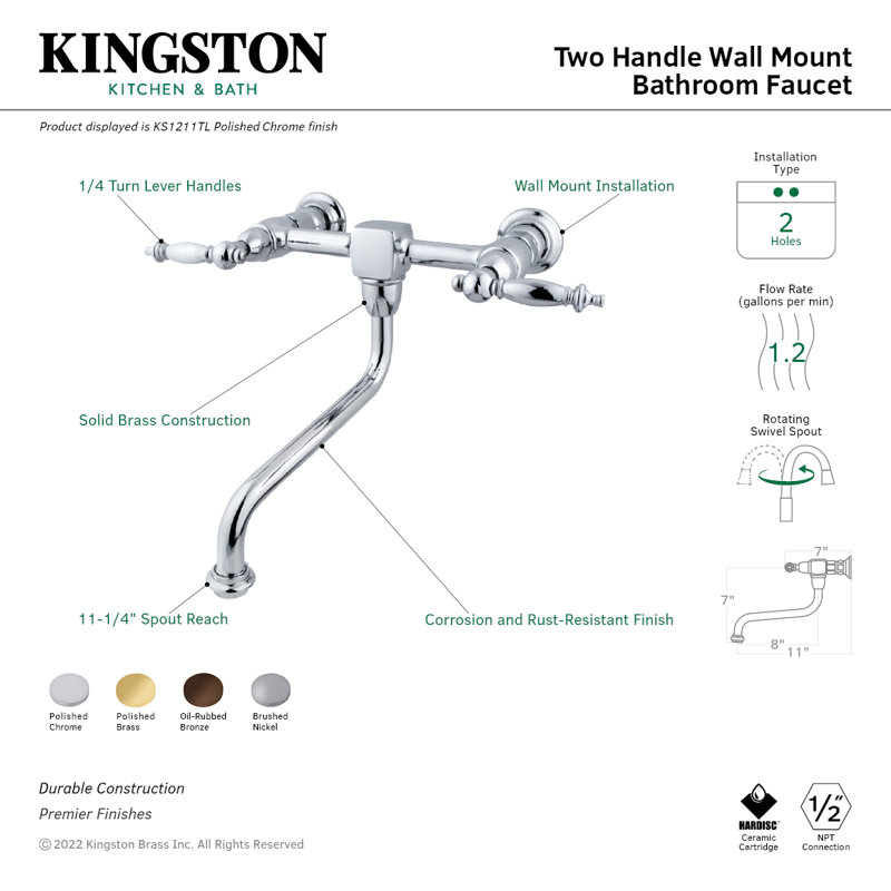 Kingston Brass Heritage Two-Handle 2-Hole Wall Mount Bathroom Faucet, Oil Rubbed Bronze