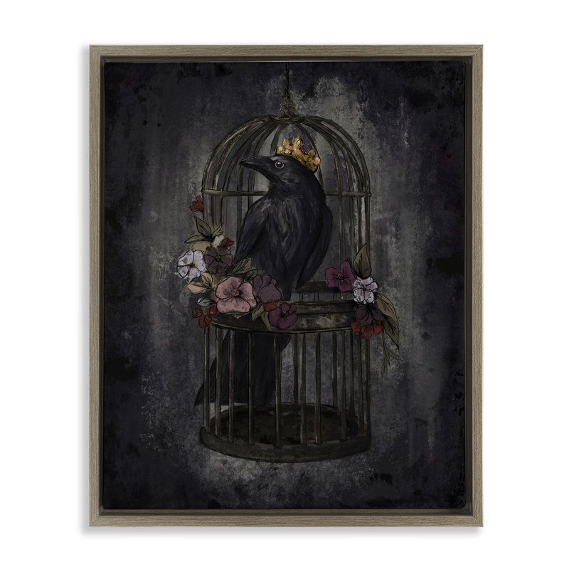 Raven King dans un cadre flottant en cage, design par Denise Bartkus, Cadre flottant orme Montalcino, H 21 po x l 17 po
