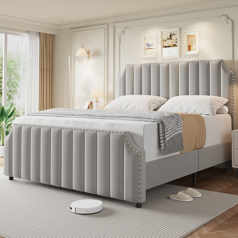 Bed Frame with 50.2" Headboard, Upholstered Platform Bed Frame with Vertical Channel Tufted Velvet Fabric, Extra Large Tufted headboard, Nailhead Trim, No Box Spring Needed