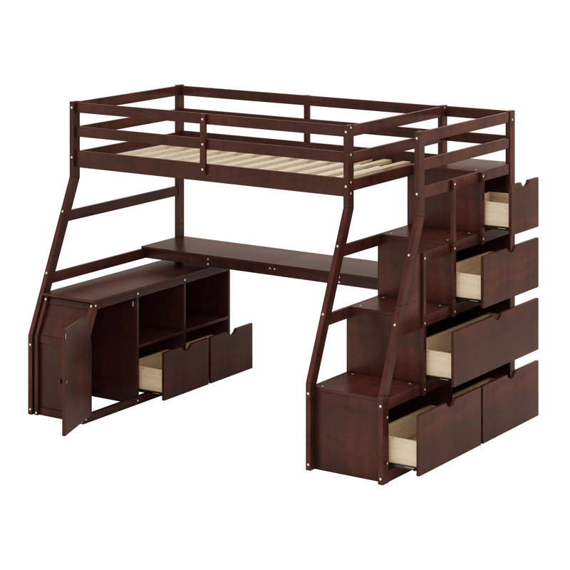 Lit mezzanine avec tiroirs, tablettes et bureau, Lit simple, Espresso