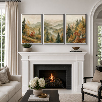 Autumn Mountain Valley Landscape Artwork, Living Room Pictures, Framed Canvas Giclee Print 3 Pieces Wall Art - 16"x24"x3pcs, 24"x36"x3pcs