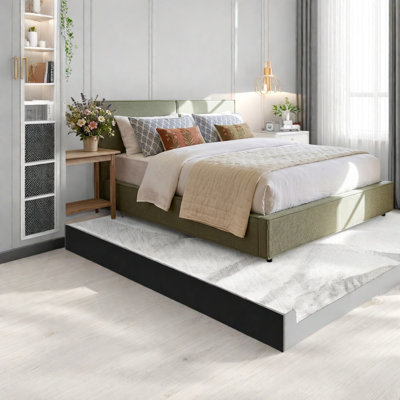 Lits Queen modernes, cadre de lit plateforme en acier imitation lin vert pour chambre à coucher