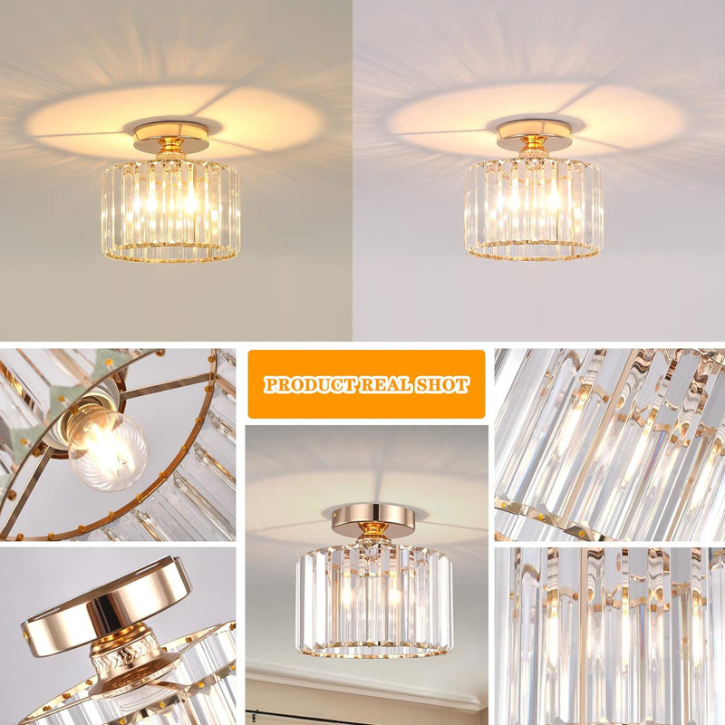 Deralyn Semi Flush Mount Ceiling Light, Modern Crystal Ceiling Light Fixture,Small Close to Ceiling Light for Living Room Bedroom Hallway Bathroom Kitchen Entryway with E26 Base