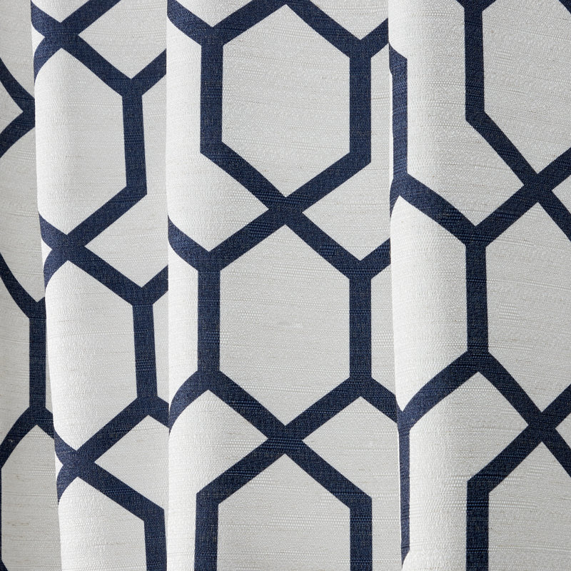 Indigo Blue Geometric Print Linen Blend Rod Pocket Drapes, 54" x 84"