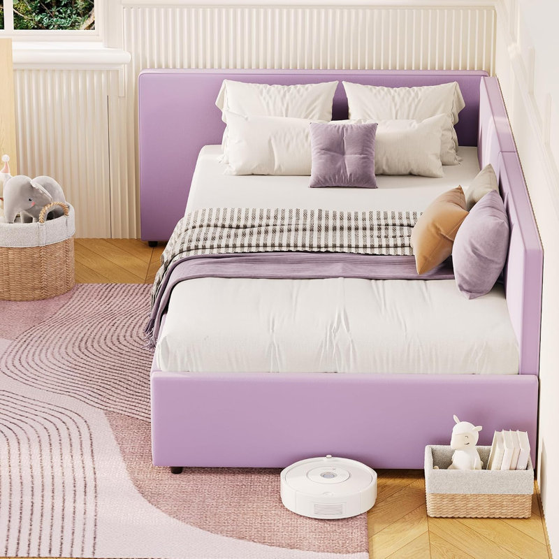 Lit de jour simple avec tête de lit, cadre de lit d'angle avec rails de lit, canapé-lit rembourré en velours avec garde-corps pour chambre à coucher, chambre d'amis, installation réglable, mauve