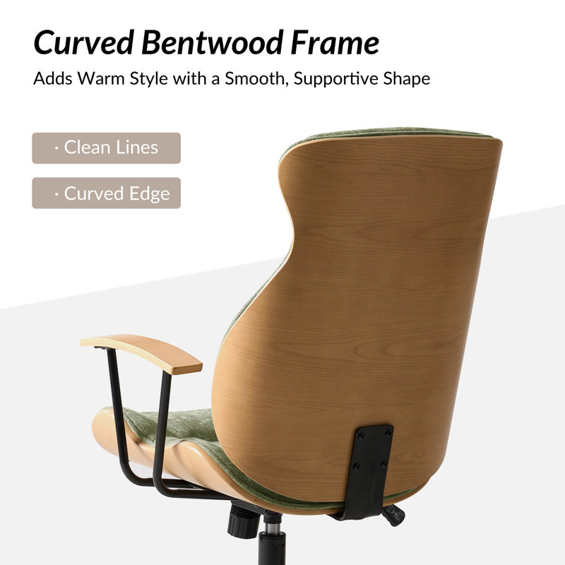 Oswina Gustavo Mid-Century Modern Curved Bentwood High Back Swivel Office Chair with Tilting, Green