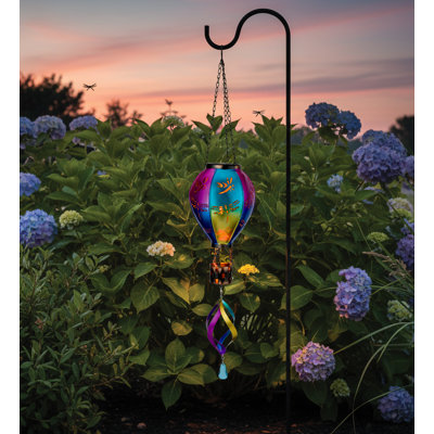 28.5" Multi Color Metal Solar Powered Hanging Hot Air Balloon Garden Spinner Lantern with Hummingbird Cutouts and Colorful Hanging Spiral
