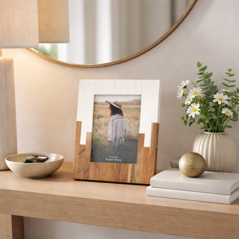 Decorative Acacia Wood Picture Frame for Entryway Display - Two Tone Photo Frame for Bedroom, Living Room, or Side Table - White & Brown