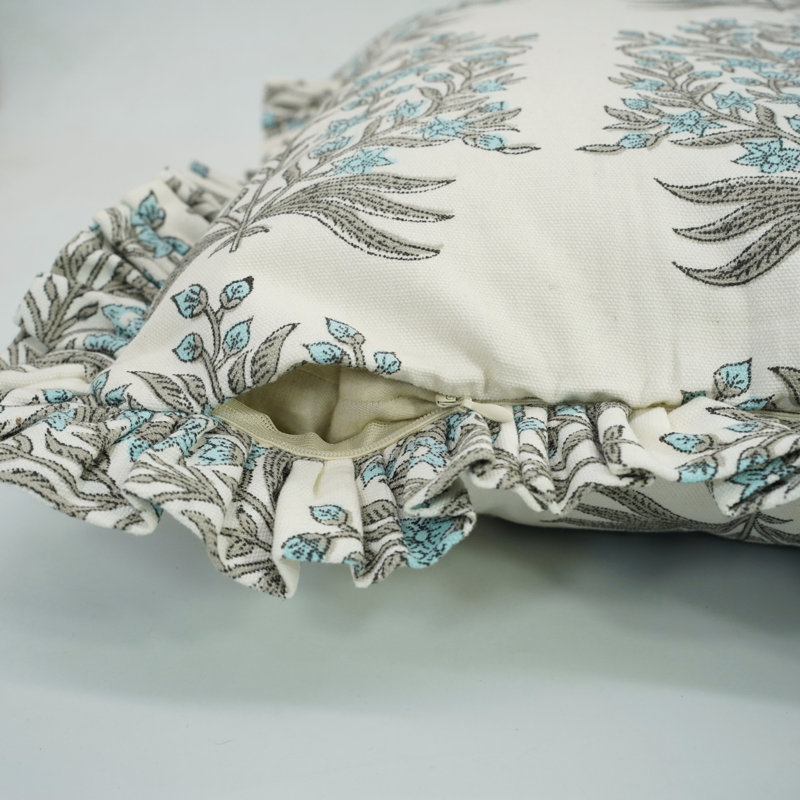 Housse de coussin à fermeture à glissière cachée à la main Fab divine, tissu de coton, bleu et gris, 14 x 14