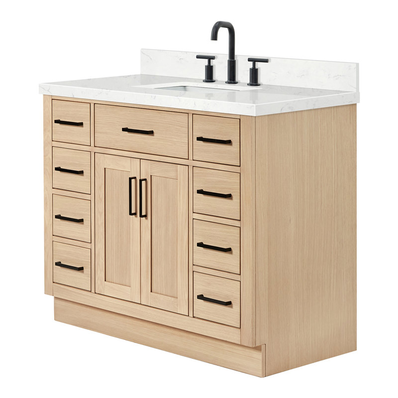 Meuble-lavabo simple en bois massif 42 po avec plateau en quartz Carrara de 1,5 po Thornaby, Chêne naturel / noir mat