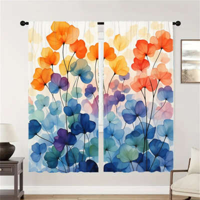2Pcs rideaux floraux à l'aquarelle, rideau de décoration moderne à motif de fleurs colorées pour le salon chambre à coucher, passe-tringle, rideaux de fenêtre, panneau de traitement de porte