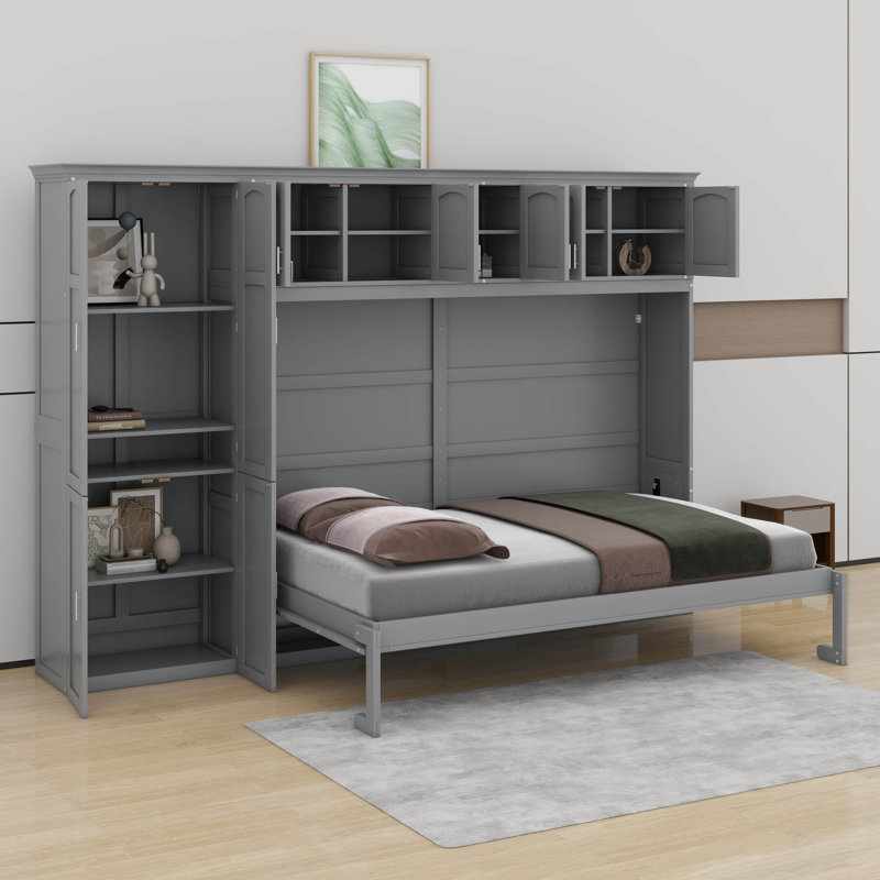 Grand lit escamotable avec armoires, gris