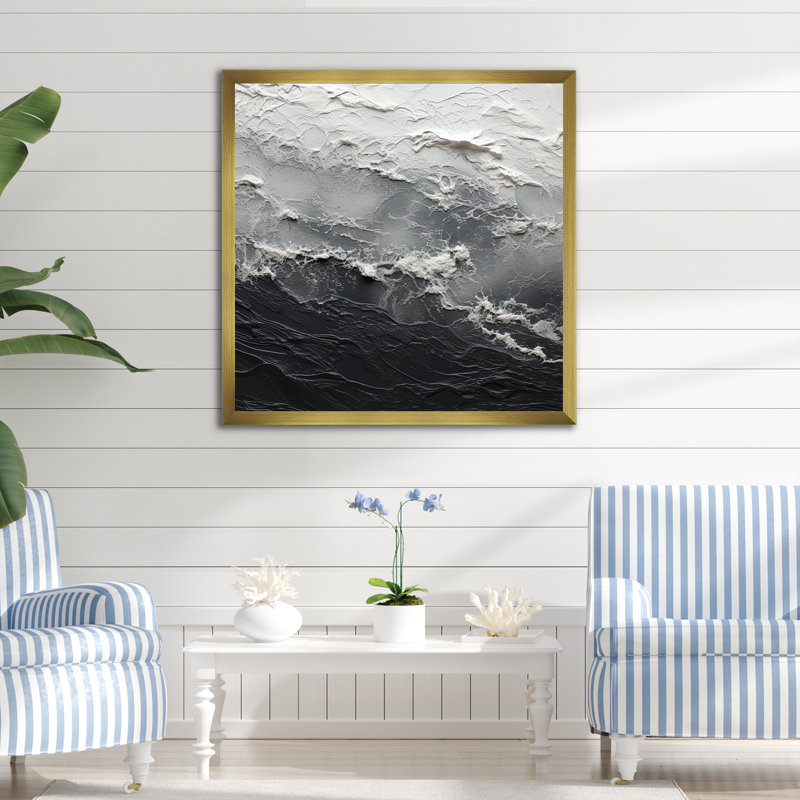 Minimalisme, peinture en noir et blanc, art mural abstrait, salon, Encadrement doré, H 36 po x l 36 po x P 1,5 po