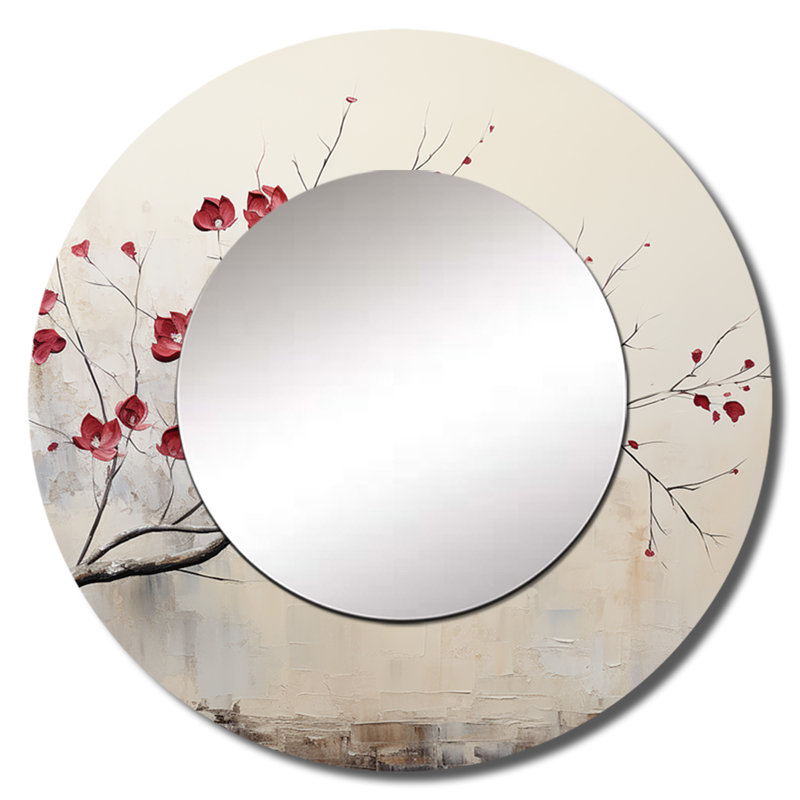 Minimaliste grenat Grace Leafy Dreamscape - grand miroir mural feuilles, miroir rond traditionnel traditionnel, impression d'art en métal
