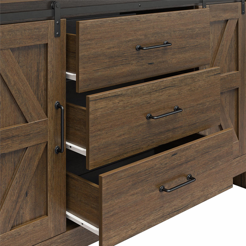 Alton 3 Drawer Dresser with Sliding Barn Doors, Rustic Walnut