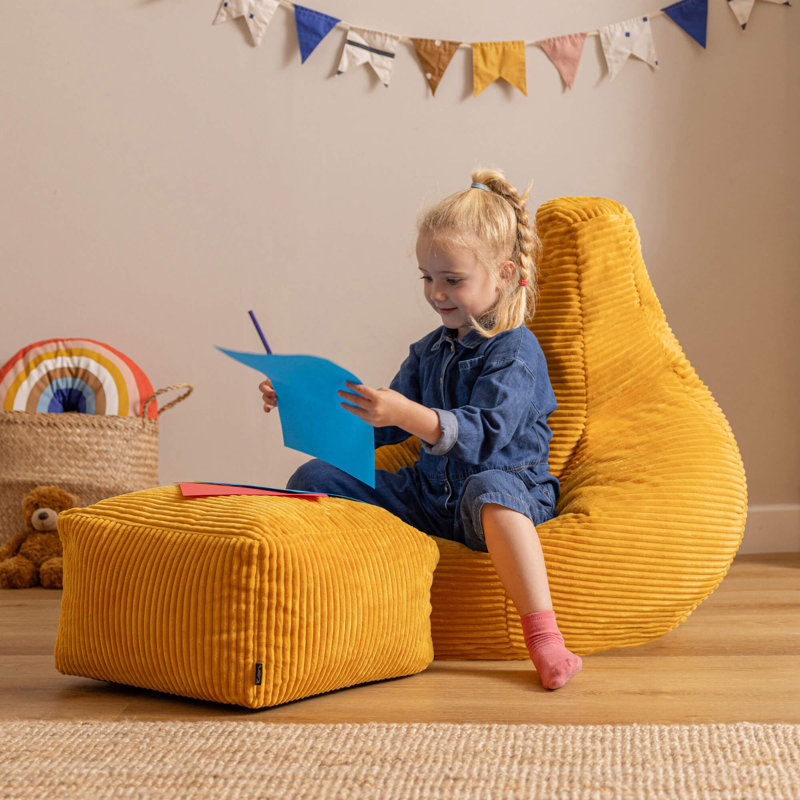 icon Kids Dalton Cord High Back Bean Bag and Mini Square Footstool, Teal, Yellow