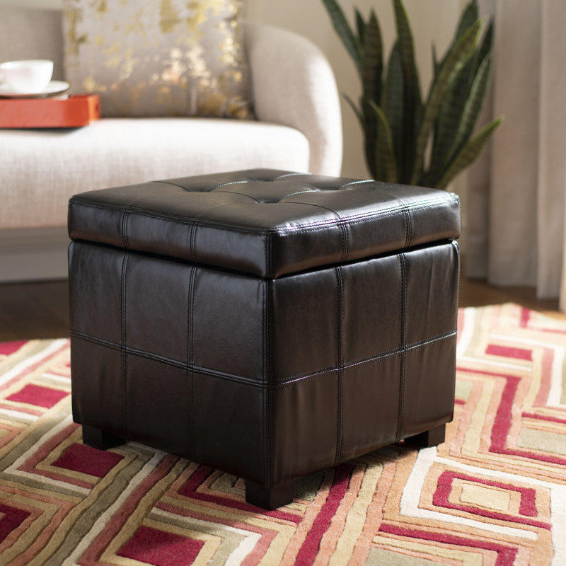 Graysie Faux Leather Ottoman, Black Faux Leather