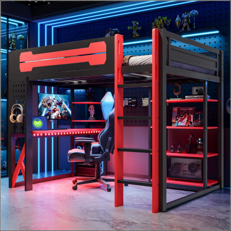 Lit mezzanine en bois avec bureau, tablettes, prise de courant, ports USB / Type-C et lumière RVB, Black/Red