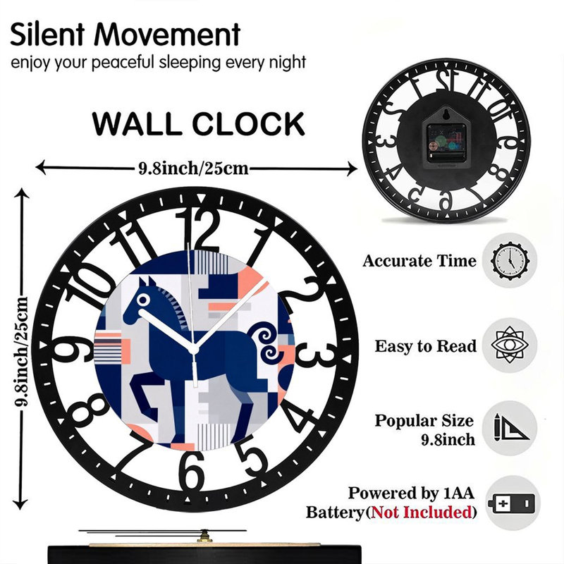 Horloge murale ronde en fer 10 po avec mouvement à quartz silencieux, chiffres arabes, impression UV, Marine