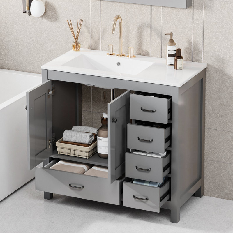 Meuble-lavabo gris 36 po avec lavabo en céramique, 2 portes à fermeture douce et 5 tiroirs, armoire de rangement en bois massif et panneau de fibres à densité moyenne