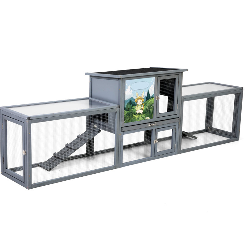 Grande cage à lapin pour l'extérieur avec double activité, chambre de repos confortable, soleil PC pour la pluie et la résistance, bac à déchets coulissant, portes d'entrée grillagées sécurisées, éléments de conception colorés gris supplémentaires