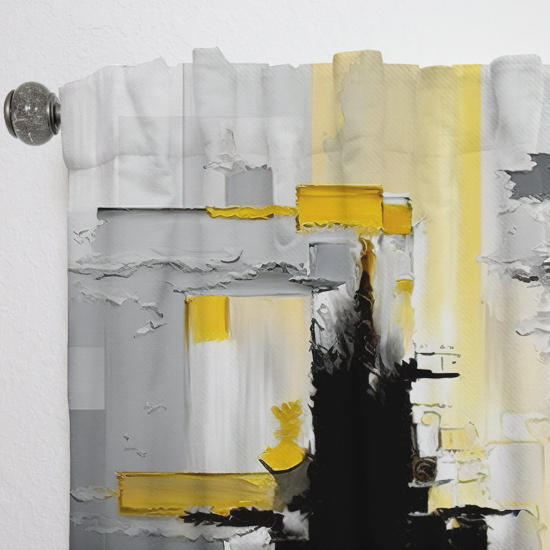 Abstract Geometric Black And Yellow V - Modern Curtain - Velvet Room Darkening - 1 panel, 52" W x 63" L