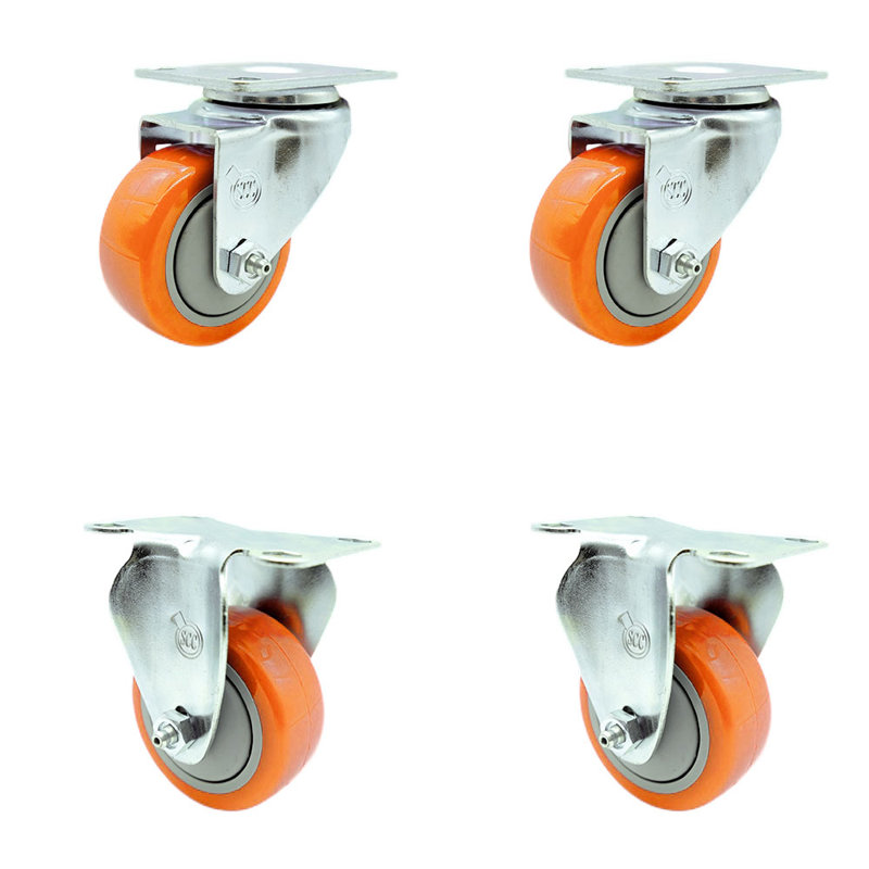 3 Inch Orange Polyurethane Wheel Swivel Top Plate Caster Set with 2 Rigid SCC