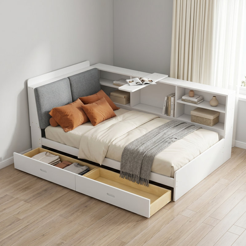 Lit de jour moderne avec tête de lit bibliothèque, dossier rembourré et 2 tiroirs de rangement, Lit simple, Blanc